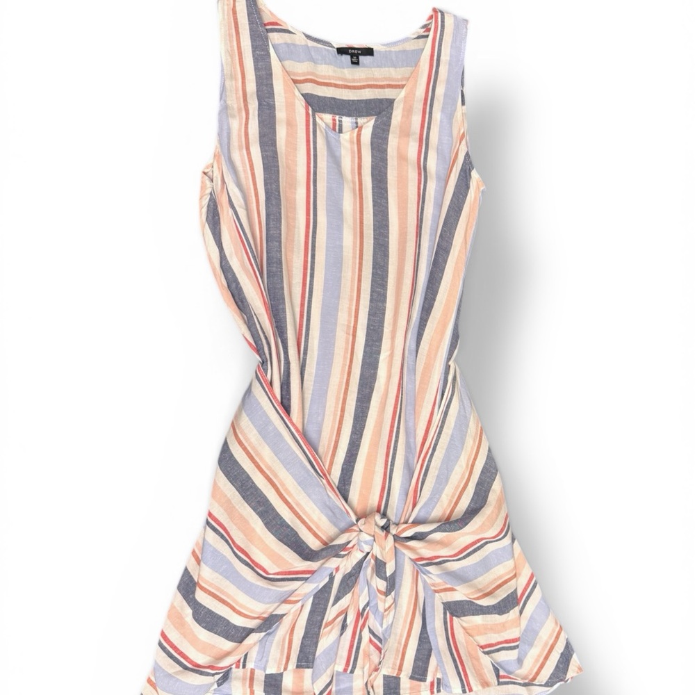 DREW Multicolor Vertical Stripe Tie-Front Dress in Blue, Coral & Neutral